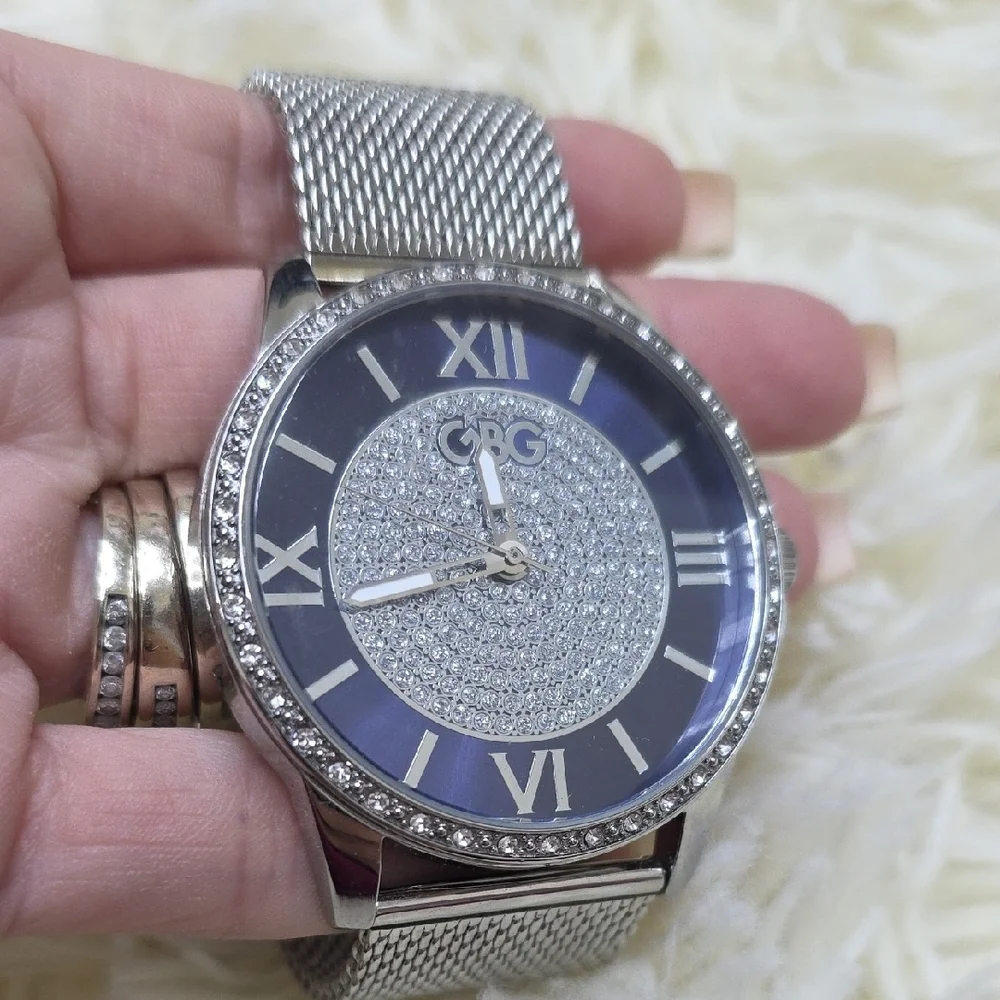 Guess Men's Silver Mesh Bracelet Watch with Blue Dial and Crystal Pavé